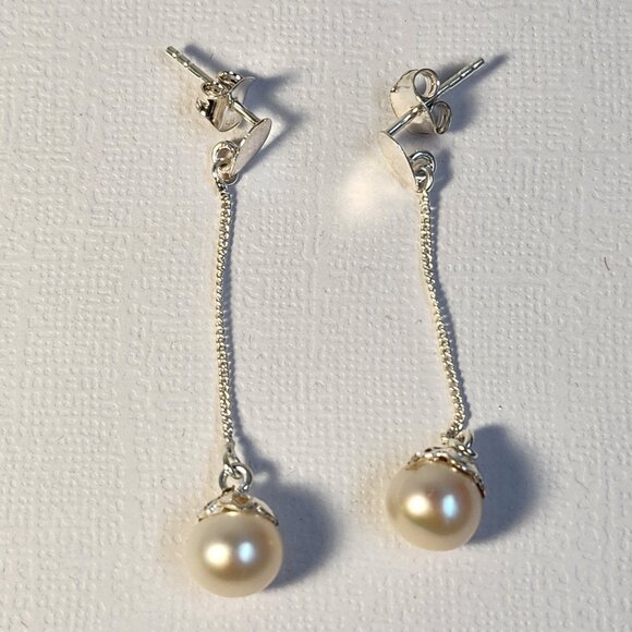 VTG 925 Honora/Tiffany's Style Dangle Drop Pearl Signed Ornate 2" Stud Earrings - Picture 10 of 15